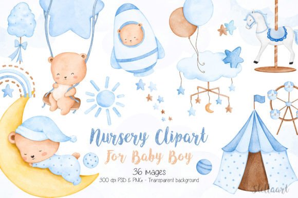 Download Watercolor Nursery Clipart for Baby Boy - Watercolor nursery Collection